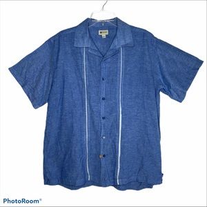 Haggar size LARGE linen blend shirt beach camp button up blue beach resort